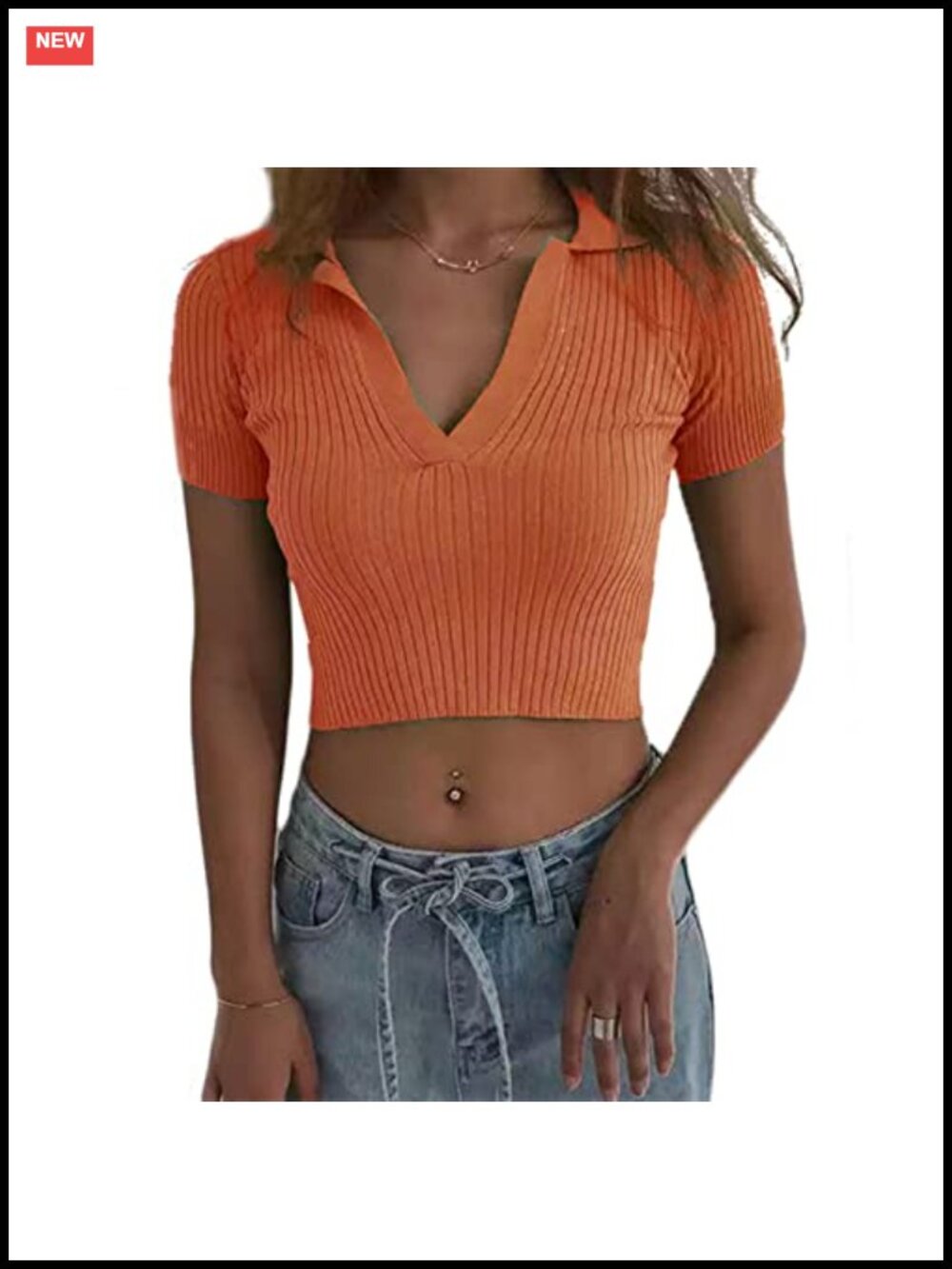 Women's Ribbed Knit Crop Polo Shirt Short Sleeve V Neck Slim Fit Top